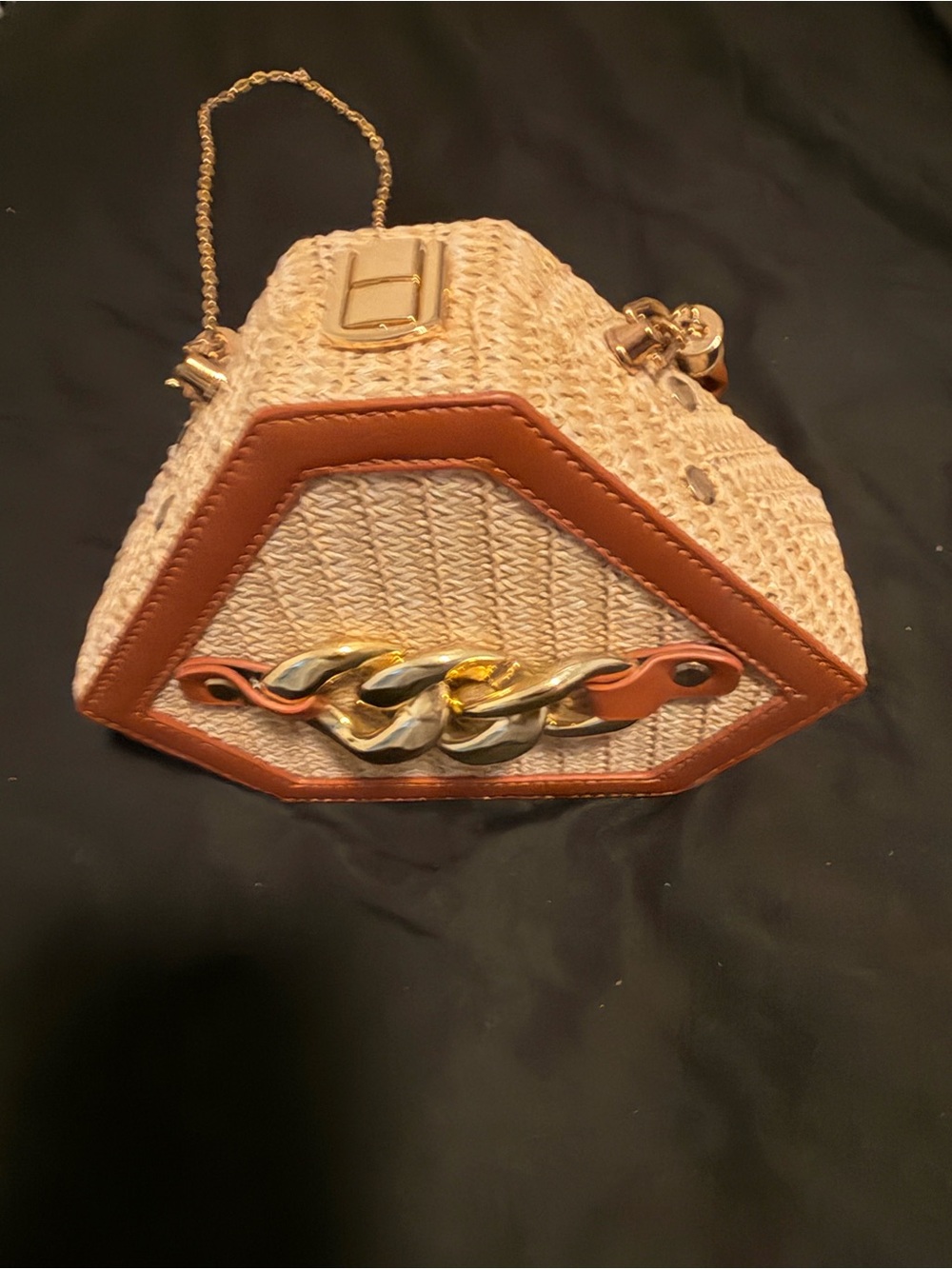 Woven Straw Crossbody Bag with Tan Trim and Gold Chain Detail